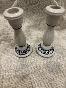 Dedham Pottery Potting Shed Concord MA blue/white Crackle Pair 6" Candle Sticks - Picture 1 of 8