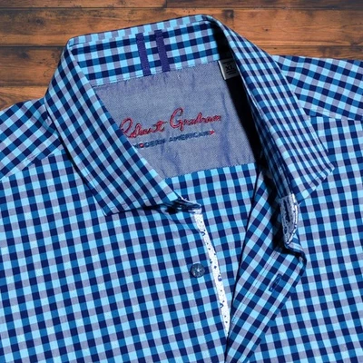 NWOT Robert Graham S/S Flip Cuff Button Front Shirt Mens XL Blue Check Plaid - Image 1 of 4