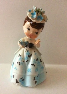 Vintage Lefton Girl in Flower Dress & Hat Holding Blue Bird 4 1/2” - Picture 1 of 6