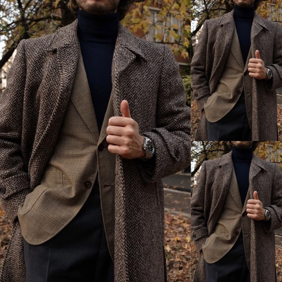 Herringbone Men's Long Overcoat Tweed Winter Casual Outwear Men Long Jackets - Image 1 of 4