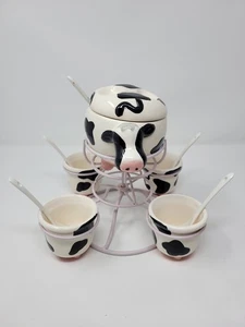 2006 Boston Warehouse Ceramic Cow Udder Condiment Set Of 5 Server With Spoons - Picture 1 of 9