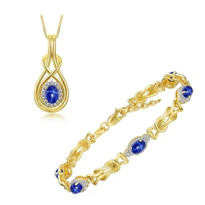 RYLOS  GOLD PLATED SILVER BLUE STAR SAPPHIRE & DIAMOND LOVE KNOT MATCHING SET - Picture 1 of 6