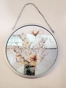 Round Mirror Glass Floral Hanging Picture Silver Frame - Picture 1 of 3
