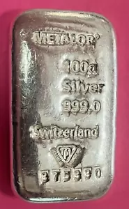 Metalor 100 Grams .999 Fine Silver, Essayeur Fondeur Bar, SWITZERLAND, w/Serial# - Picture 1 of 5
