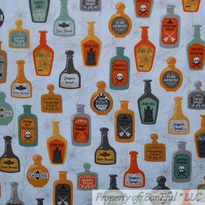 BonEful Fabric FQ Cotton Quilt White Witch Potion Bottle Spider Web Halloween UK - Image 1 of 4