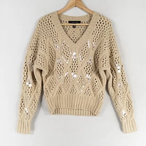 Suéter WHBM Mujer Pequeño Bronceado Adornado Cable Pullover Cuello en V Lentejuelas Grueso - Imagen 1 de 8