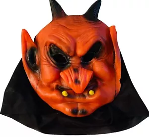 RED DEVIL MASK CHILD HALLOWEEN SLIPS OVER HEAD LATEX RUBBER HORNS BLACK ACCENTS - Picture 1 of 6