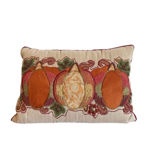 Pier 1 Pumpkin Throw Pillow 18x12 Embroidered Beaded Orange Beige Fall Decor - Picture 1 of 10