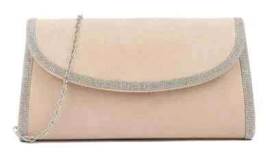 Ladies Faux Suede Clutch Bag Womens Diamante Trim Envelope Prom Wedding Handbag - Image 1 of 3