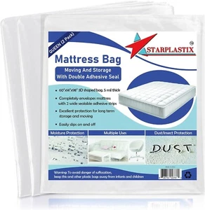 Starplastix Mattress Bags for Moving and storage { 2PACK } Queen Size - Picture 1 of 7