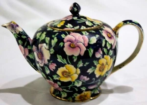 Royal Winton Albans Tea Pot & Lid May Festival Black Background - Picture 1 of 6