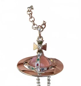 Vivienne Westwood Necklace Large Orb Silver Pink Chrystal Pendent Drawstring - Picture 1 of 7