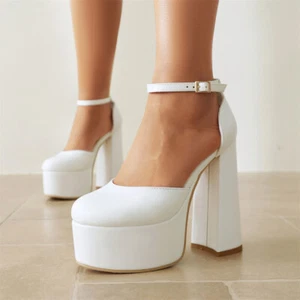 Fashion Womens Mary Jane Platform High Block Heels Party Ankle Strap Dress Shoes - Picture 1 of 20