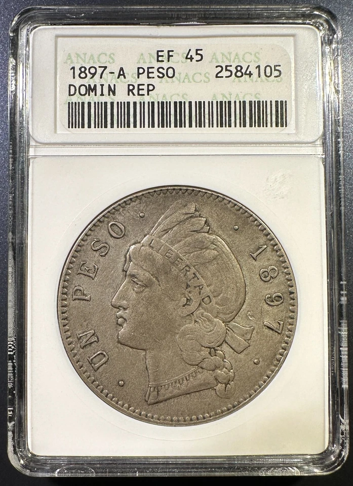 1897 Dominican Republic Peso Silver ANACS Soapbox XF-45 Tough Grade and Holder - Image 1 of 3