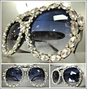 Oversized Exaggerated Retro SUNGLASSES Huge Black Frame Bling Crystals HANDMADE! - Picture 1 of 10