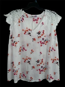 Womens Plus Size 3X City Streets White/Coral Floral Blouse Lace Cap Sleeves - Picture 1 of 2