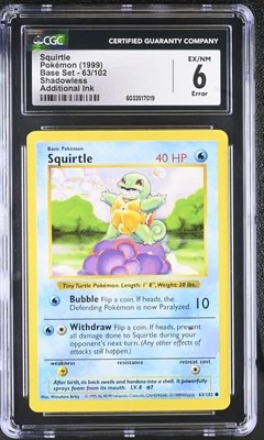 CGC 6 Shadowless Squirtle 1999 Base Set 63/102 Red Diamond Error Misprint - Image 1 of 2