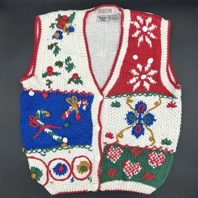 Huntington Ridge Hand Knit Christmas Sweater Vest L Holiday Patchwork Korea Vtg - Image 1 of 4