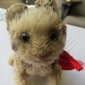 VTG Steiff Tiny Tabby Cat Kitten 4" Mohair Glass Eyes Red Bow BUTTON EAR TAG - Picture 1 of 8