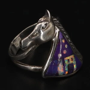 VTG Sterling Silver - SOUTHWESTERN SIGNED Sugilite & Opal Horse Ring Size 7 - 6g - Picture 1 of 5