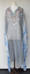 Blue Embellished maxi Chiffon Kaftan Grecian Sheer Boho coverup cruise dress XL - Picture 1 of 11