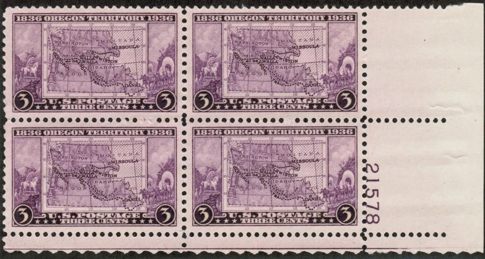 US USA Sc# 783 MNH FVF PLATE # BLOCK Oregon Territory Map Horses - Image 1 of 1