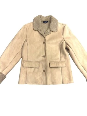 Lands End Faux Suede Sherpa Fleece Soft Barn Coat Small 6/8 Cream Beige - Image 1 of 4