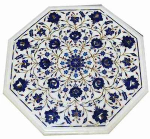 24" Lapis Lazuli Inlay Marble Coffee Table Top | Blue Floral Pietra Dura Design - Picture 1 of 8