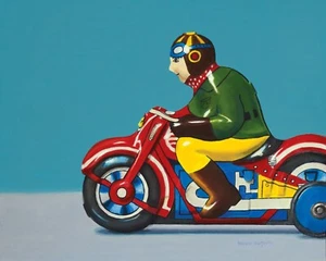 DANFORTH Tin Toy Motorcycle, 8x10 still life realistic original oil painting - Picture 1 of 3