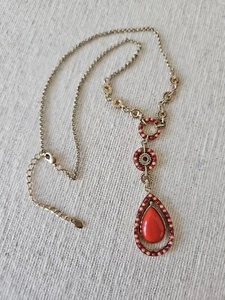 Monet Burnt Orange Colored Teardrop Pendant Gold Tone Y Drop 16" Necklace - Picture 1 of 4