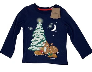 Neu mit Etikett Mini Boden Kinder 3-4 blau Weihnachtsbaum leuchten im Dunkeln langarmiges Shirt - Bild 1 von 9