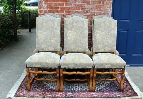 Set of 6 French Oak Louis XIV Upholstered Antique Chairs ~ Green ~ White ~ Cover