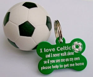 CELTIC DOG TAG NEVER WALK ALONE PERSONALISED GREEN BONE TAG & 3D FOOTBALL - Picture 1 of 1