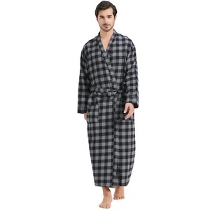 Mens Plaid Cotton Flannel Shawl Collar Full Length Robe S-M Black/Grey - Picture 1 of 6