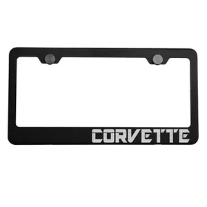 Matte Black License Plate Frame Silver CORVETTE Laser Etched Metal Screw Cap - Picture 1 of 8
