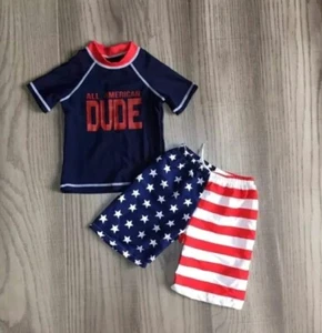 NEW All American Dude Boys Boutique Rashguard Trunks Swimsuit Set 4th of July - Picture 1 of 1