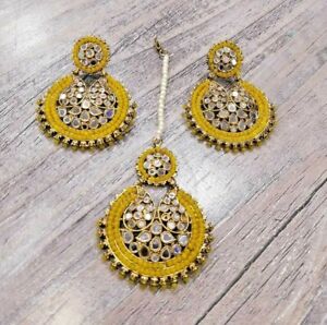 Bollywood Style Indian Gold Plated Glass Kundan Earrings Tikka Jewelry Set
