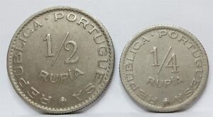 INDIA Portuguese Portugal lot 1/4 & 1/2 Rupia 1952 AU - UNC colonial #C33