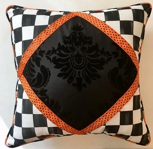 Black Damask Orange Square Diamond Check Pillow Mackenzie Childs Napkin - Picture 1 of 6
