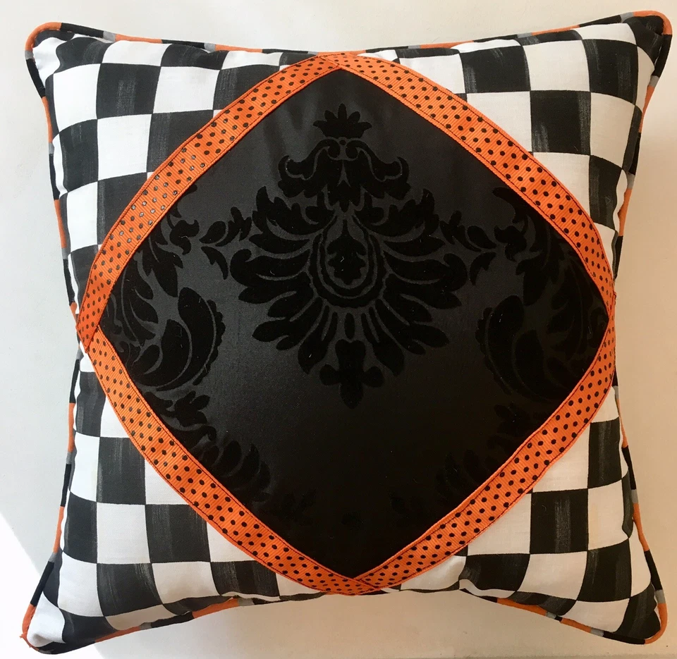 Black Damask Orange Square Diamond Check  Pillow Mackenzie Childs Napkin - Image 1 of 4