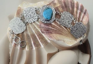 Pulsera Piedras Preciosas Turquesa 20cm Largo - Chapada en Plata 925 - Nueva - Imagen 1 de 5