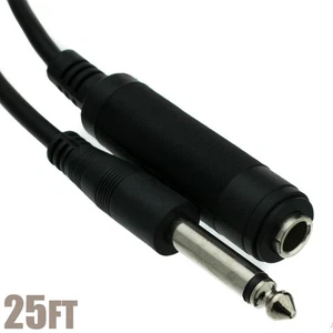 25Ft 1/4" 6.35mm Mono Male to Female M/F Jack Microphone Mic Cable Black Cord - Picture 1 of 3