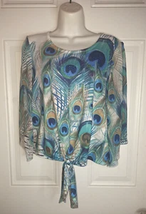 JM Collection Peacock Print Long Flare Sheer Sleeve Tie Front Blouse Top Size PS - Picture 1 of 6