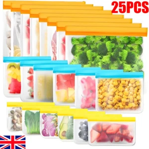 25PCS Reusable Thick Silicone Food Storage bags Zip Lock Freezer bag Leak Proof - Picture 1 of 14