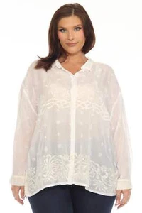 Johnny Was White Embroidered Button-Down Blouse C12123 Plus Size - Picture 1 of 9