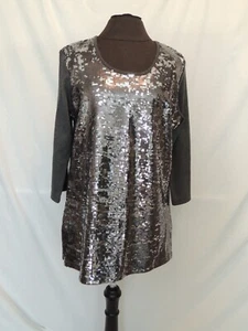 Quacker Factory Sz M Shirt Top Sequins Knit 3/4 Sleeves Round Neck Cotton Blend - Picture 1 of 4