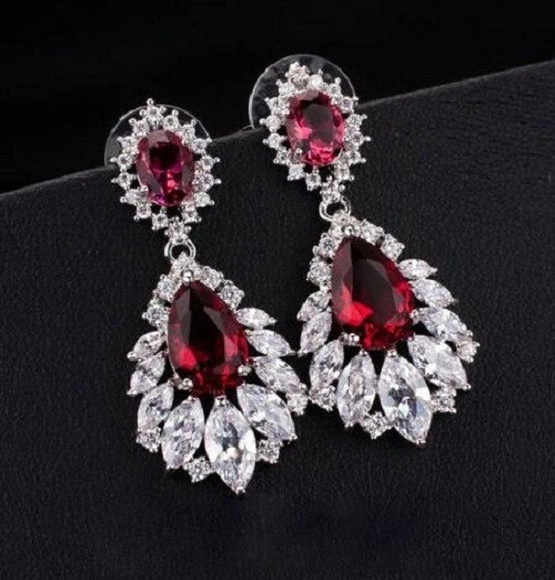 Elegante Araña Rubí y Circonita Cúbica Largo Cristal Nupcial Colgante Pendiente Gota Foto 1 de 3