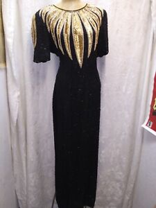 Vintage 1980's Black Beaded Gold Sequins Silk Evening Dress by Denise Elle L