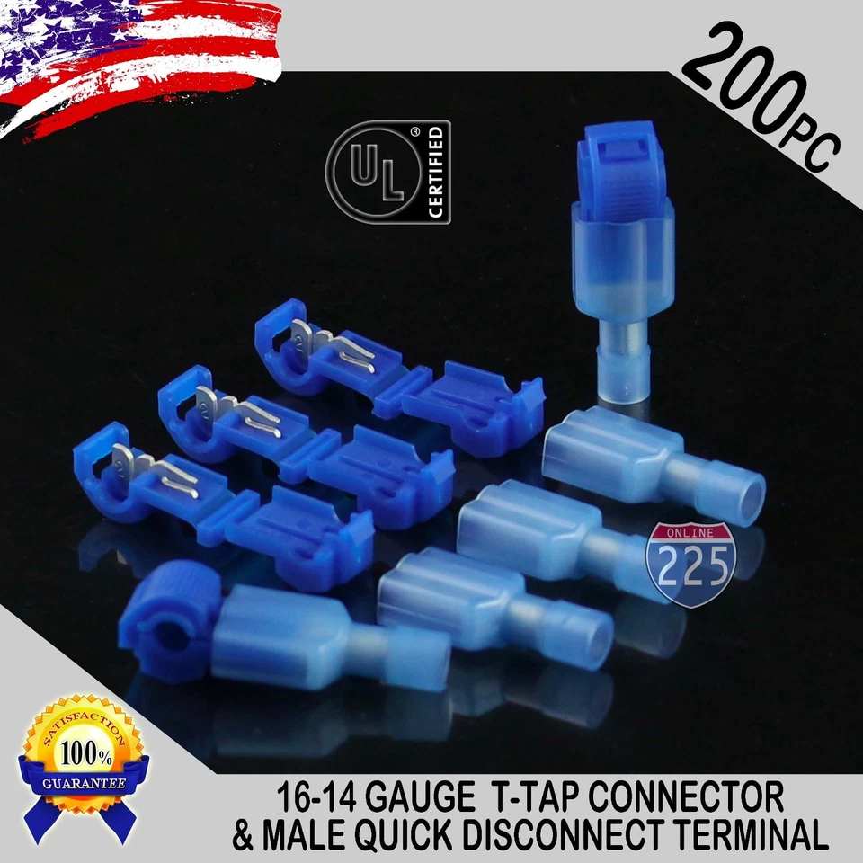 225FWY (200) T-Taps + Male Disconnect Wire Connectors Blue 16-14 AWG Gauge Terminals UL