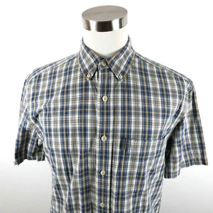 Vintage Y2K Abercrombie Mens S Cotton SS Button Down Brown Navy Plaid Plaid - Picture 1 of 9